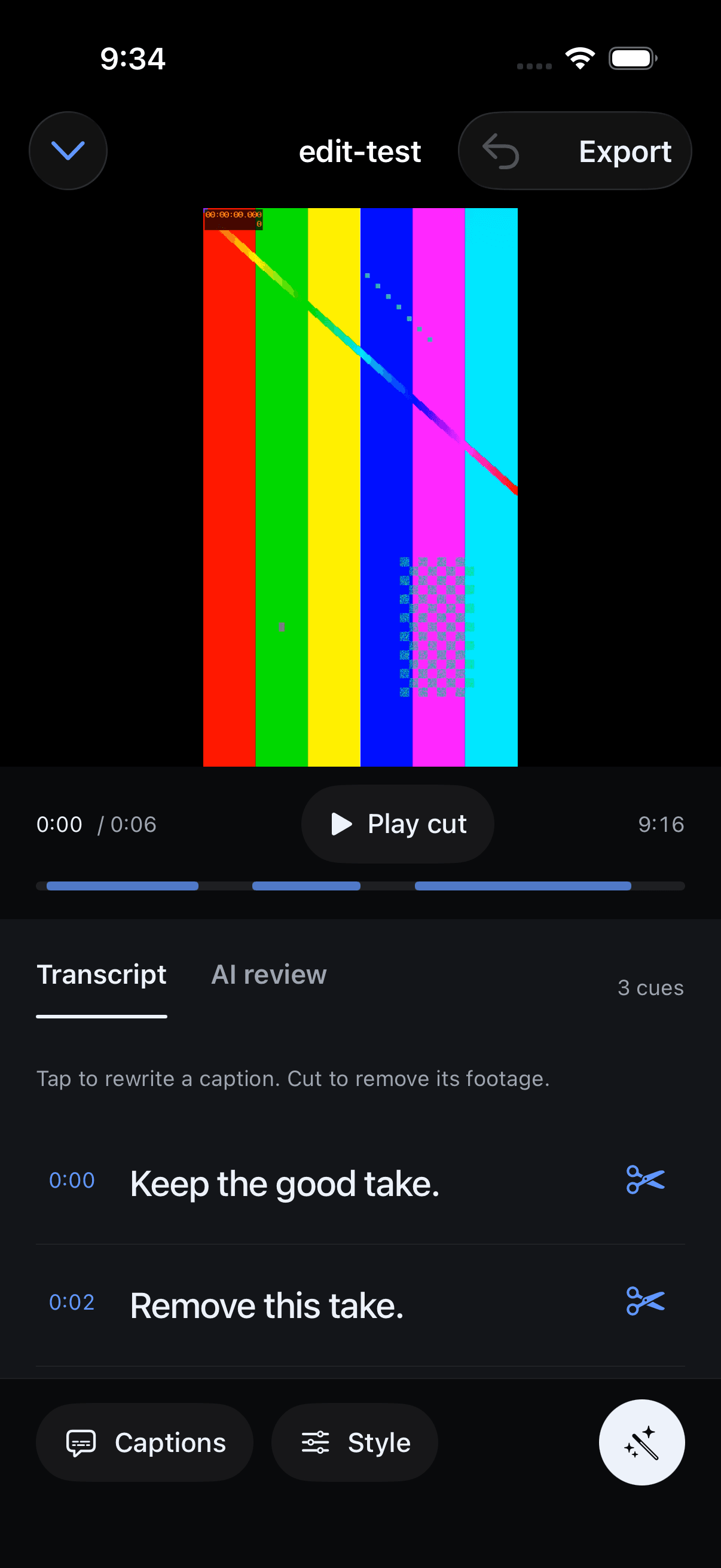 The First Cut transcript editor on iPhone, with a sentence selected and the matching video range marked for removal.