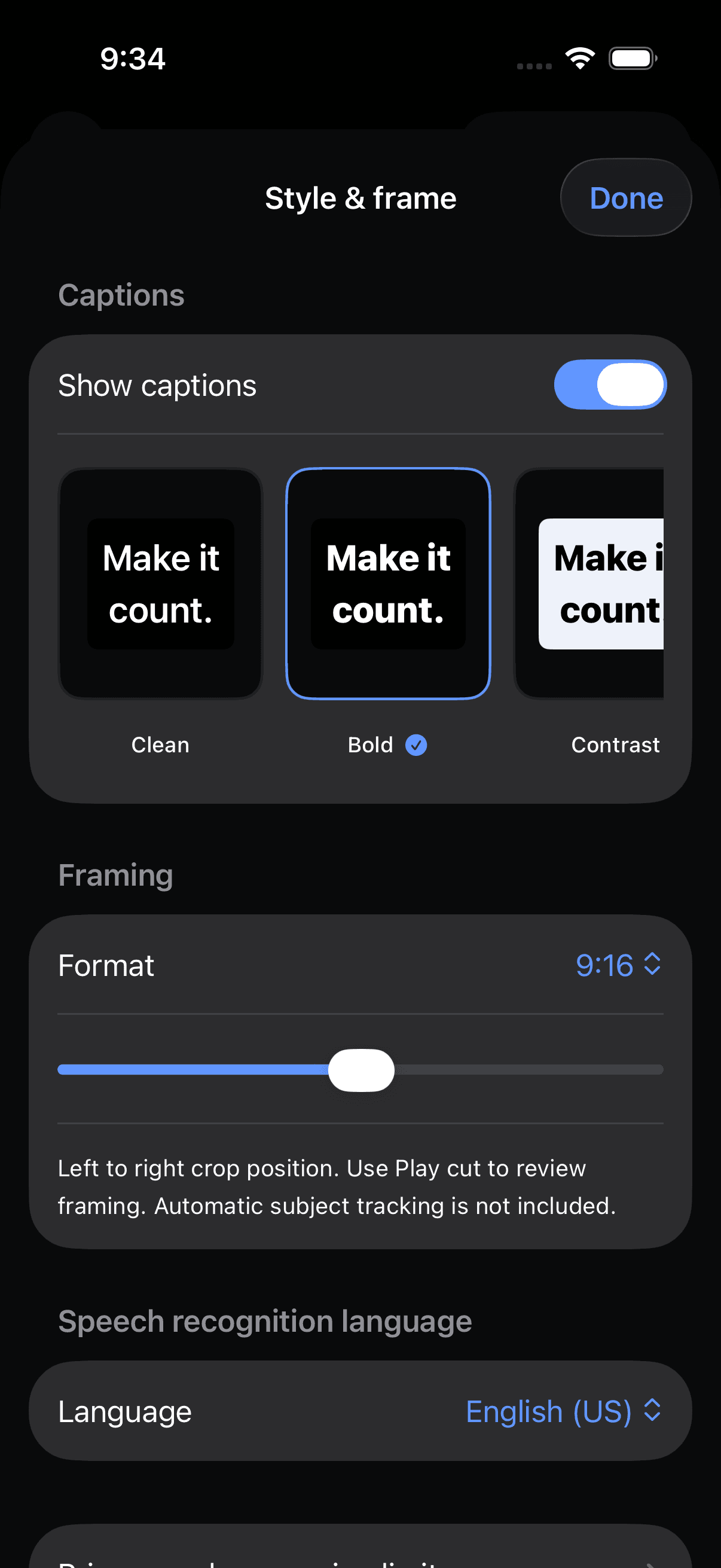 First Cut caption-style controls running in the iOS simulator.