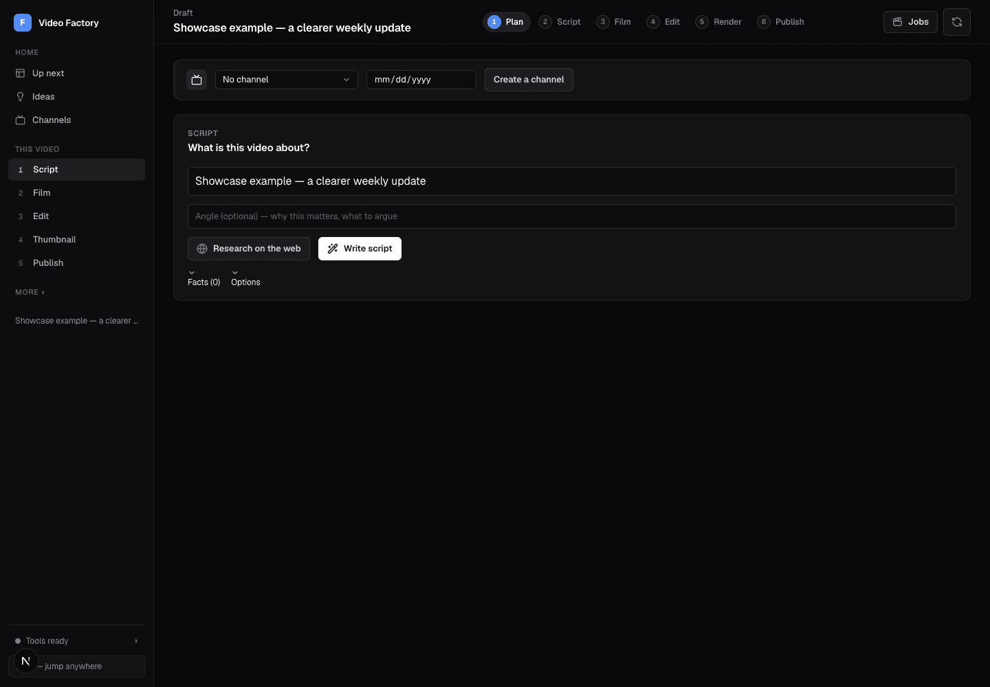 The Video Factory workspace showing a script, its transcript, and the edit recipe for one video project.